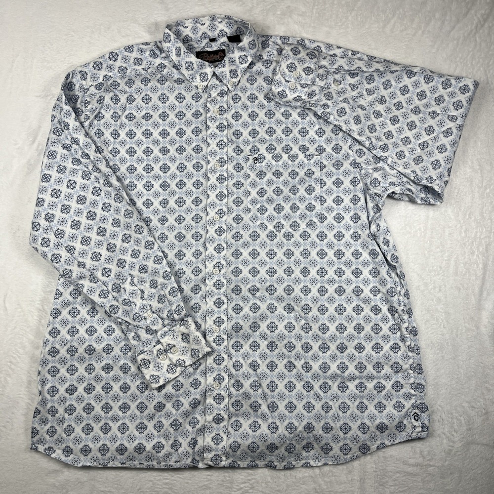 Rafter C Western Shirt Mens XXL White Blue Geometric Button Down Pocket Cowboy